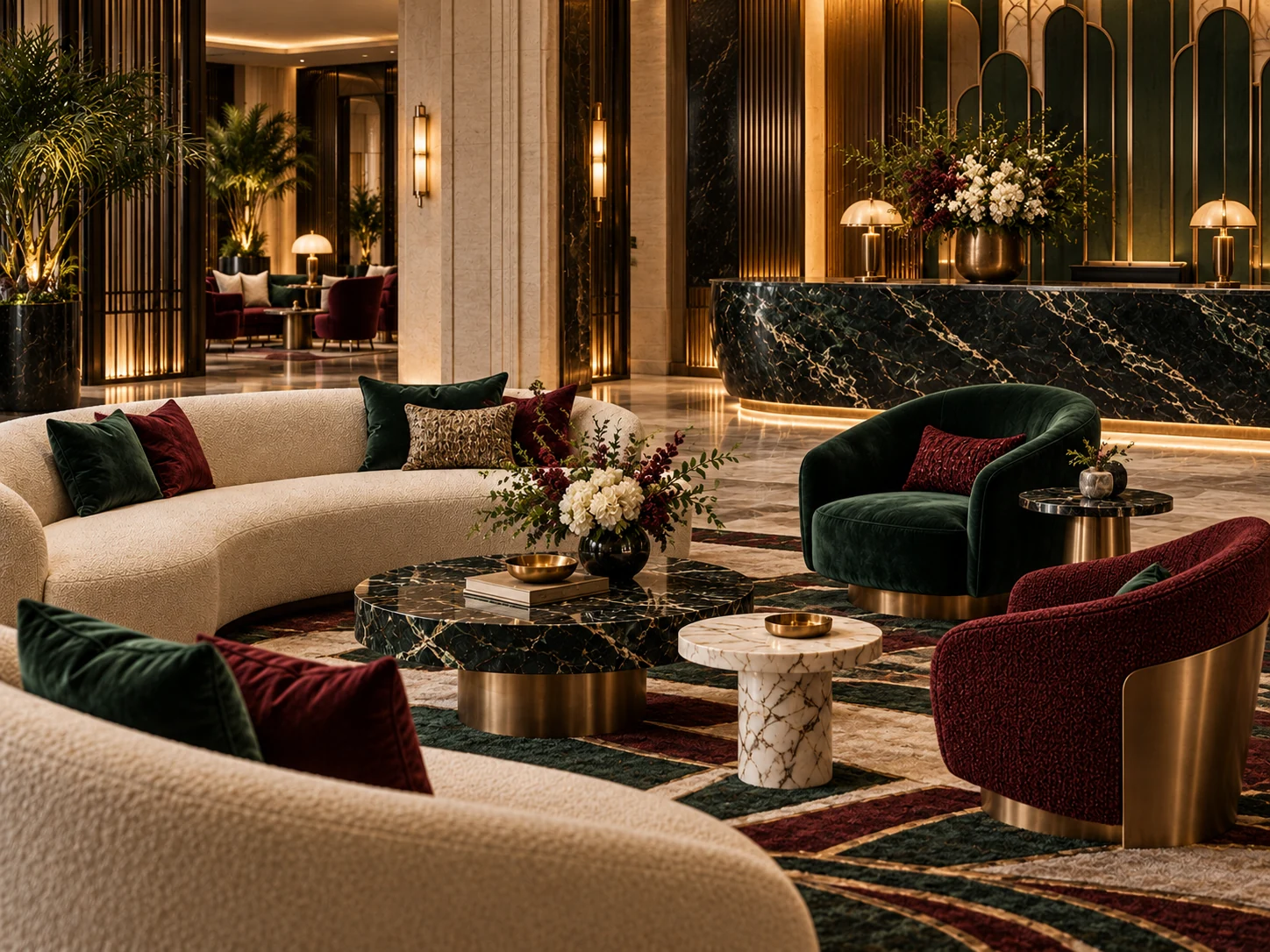Concept image of a hotel lobby with cream sofas, green and burgundy chairs
