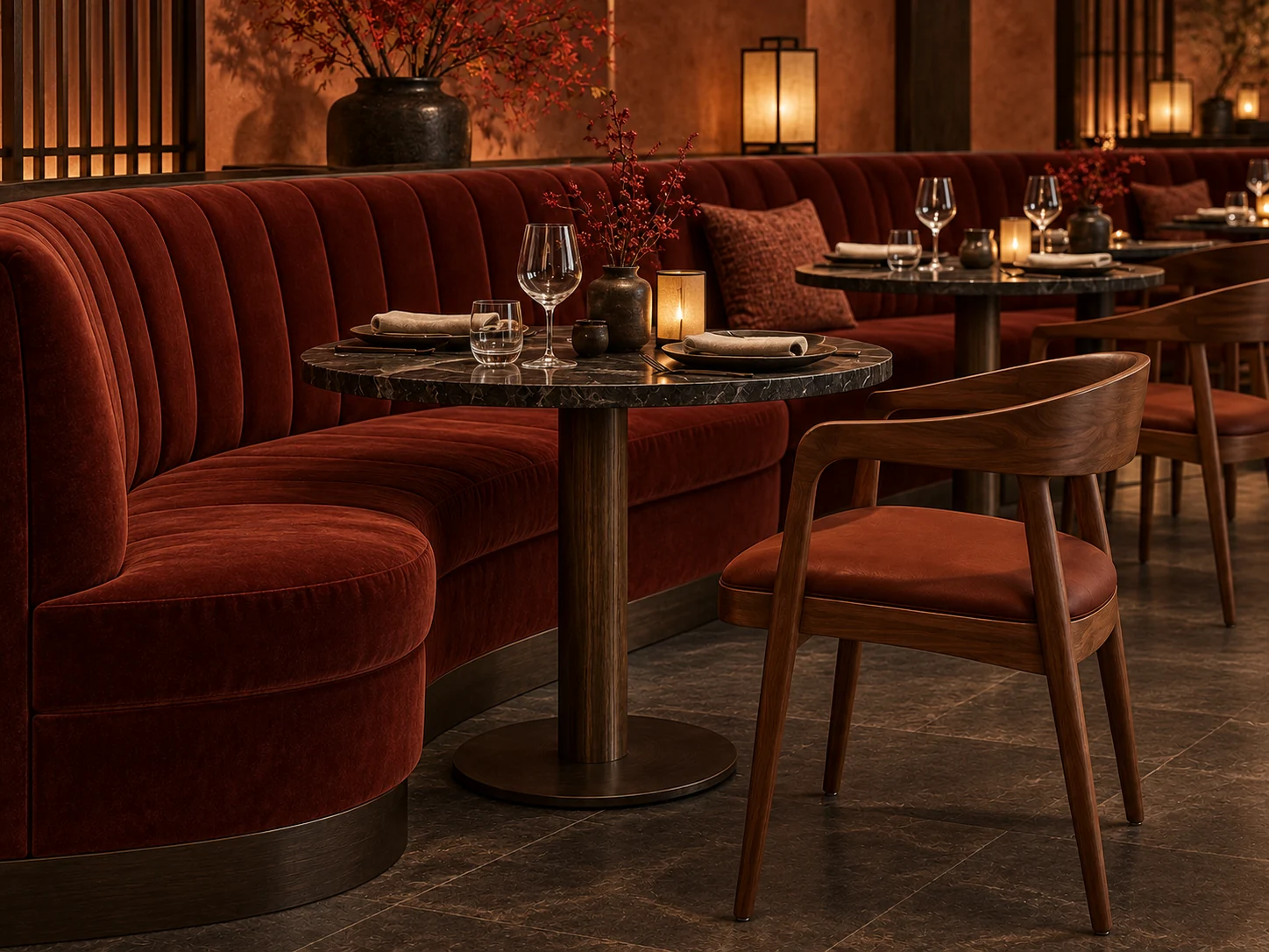 Concept image of a restaurant with terracotta banquette and walnut chairs