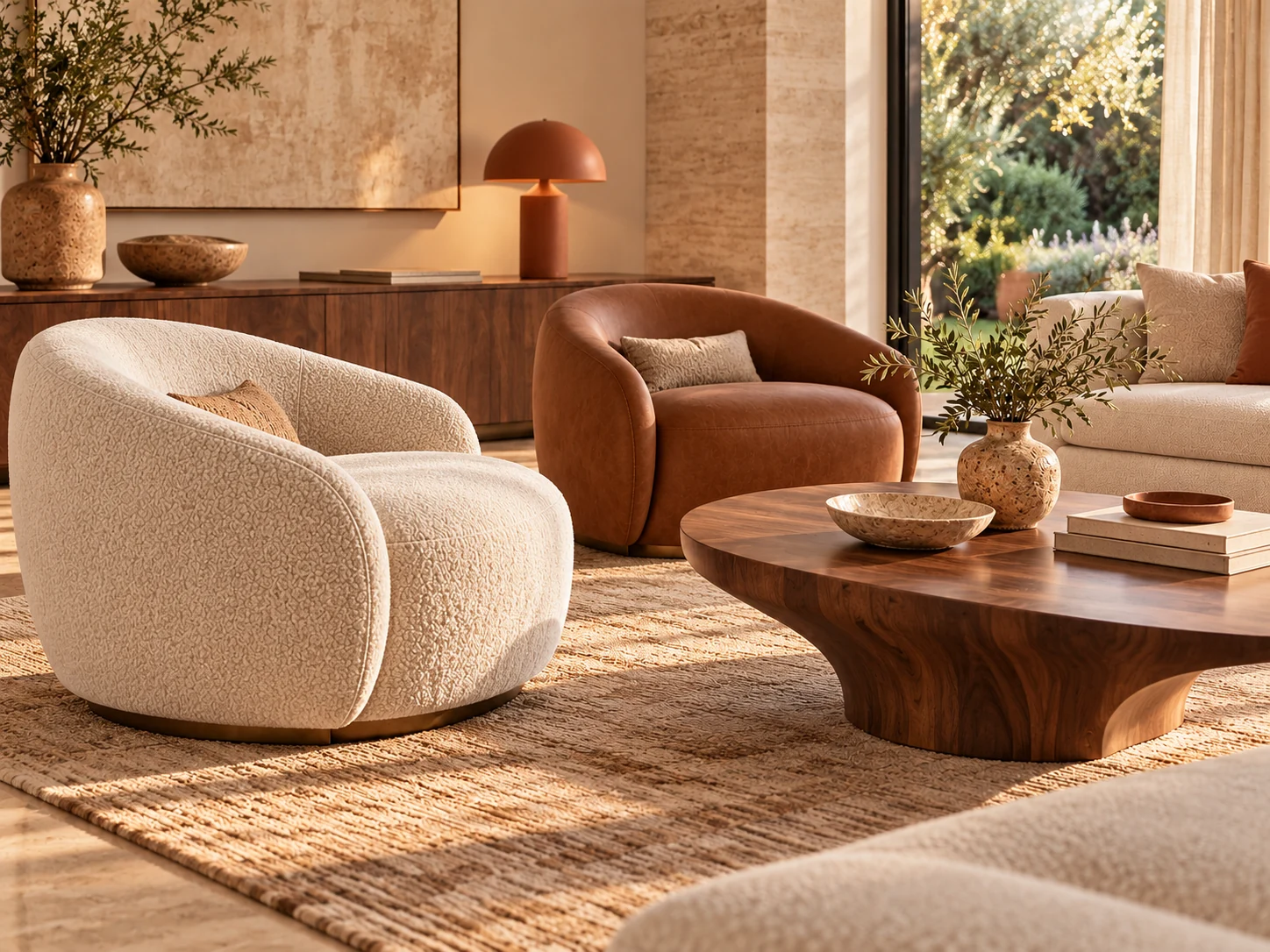 Concept image of a luxury villa lounge with cream chairs, tobacco leather and walnut table