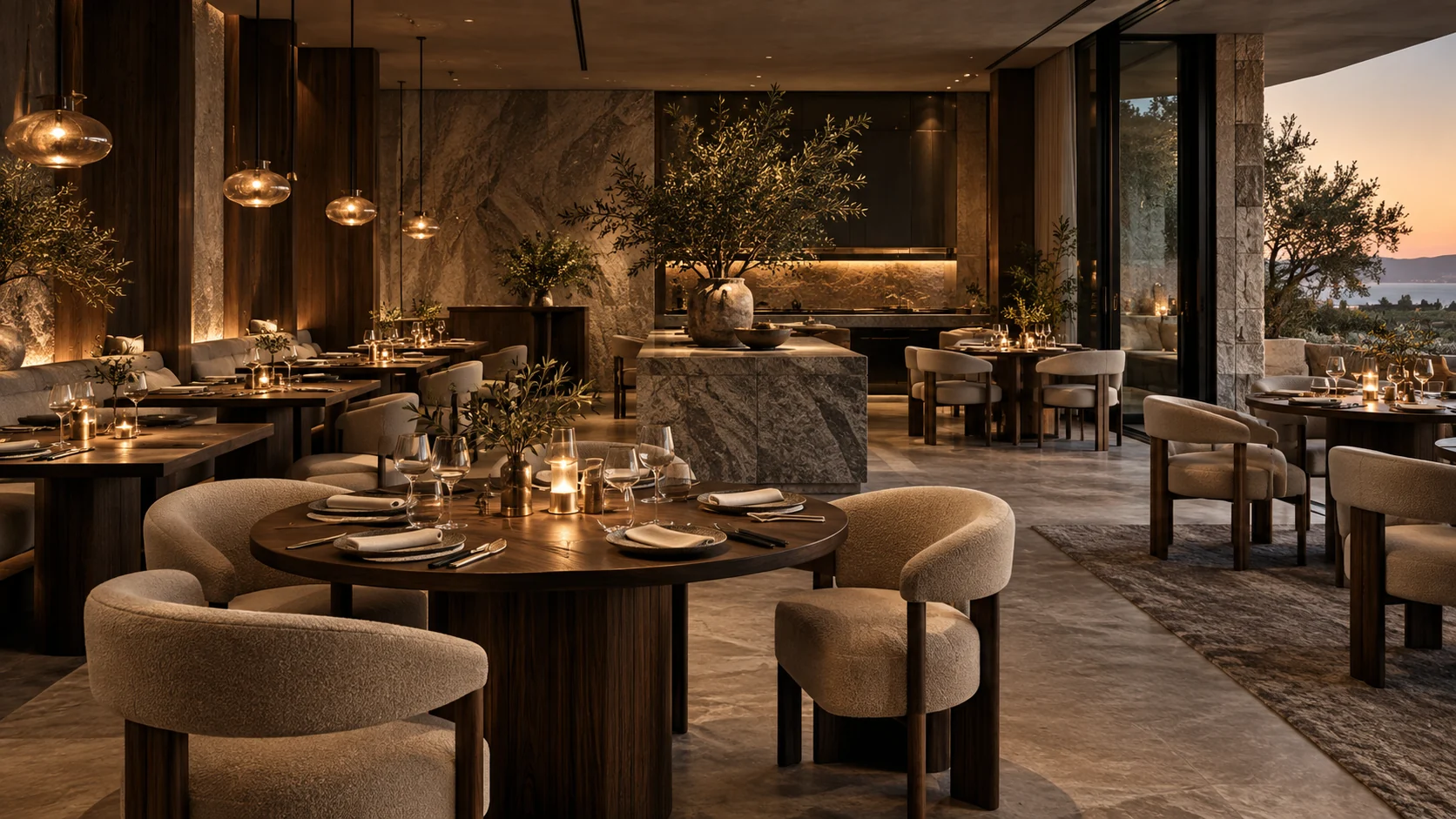Photorealistic concept of an upscale Italian modern restaurant interior