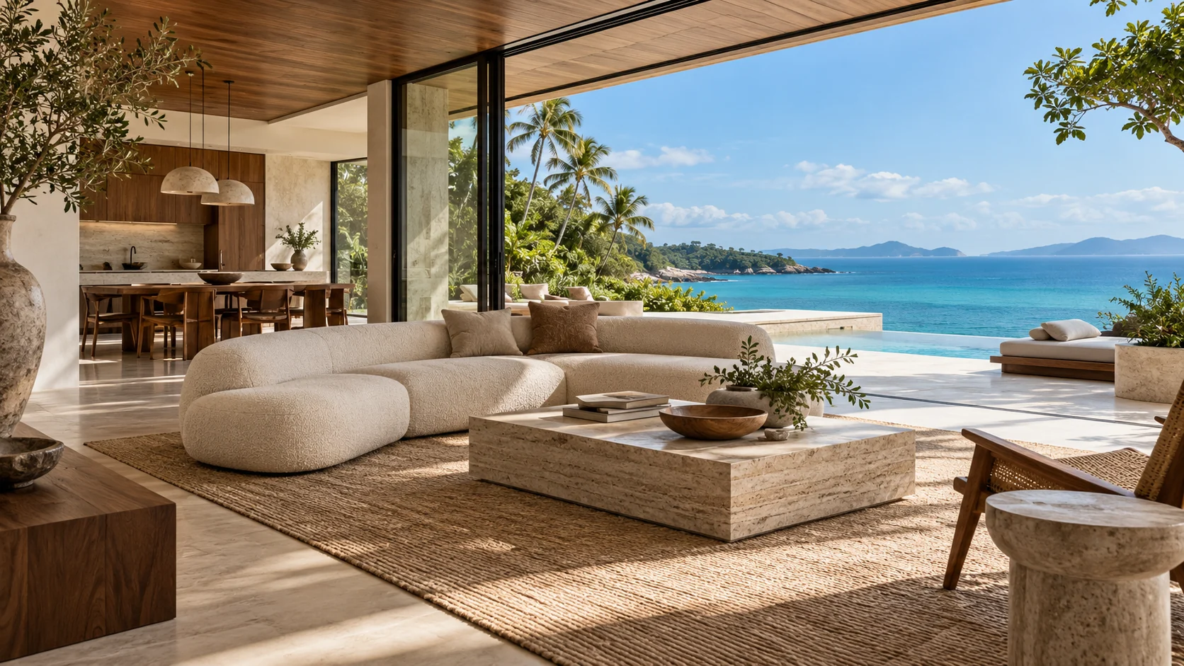 Photorealistic concept of an Italian modern island villa living room overlooking the sea
