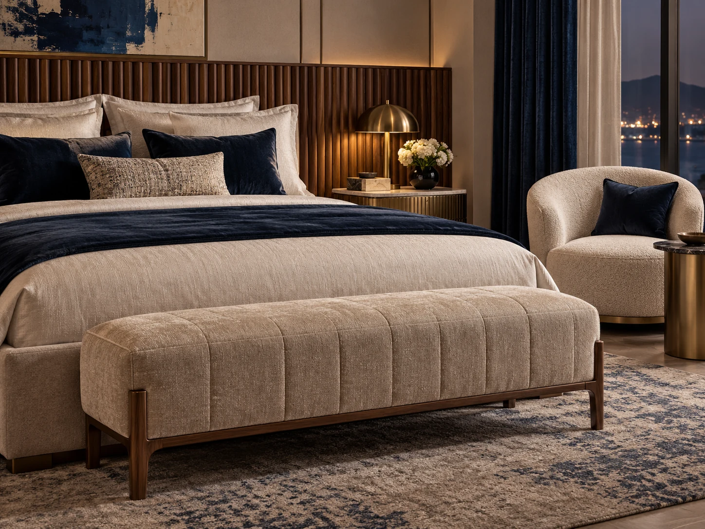 Light luxury concept furniture with upholstered hotel bed, bench and accent chair