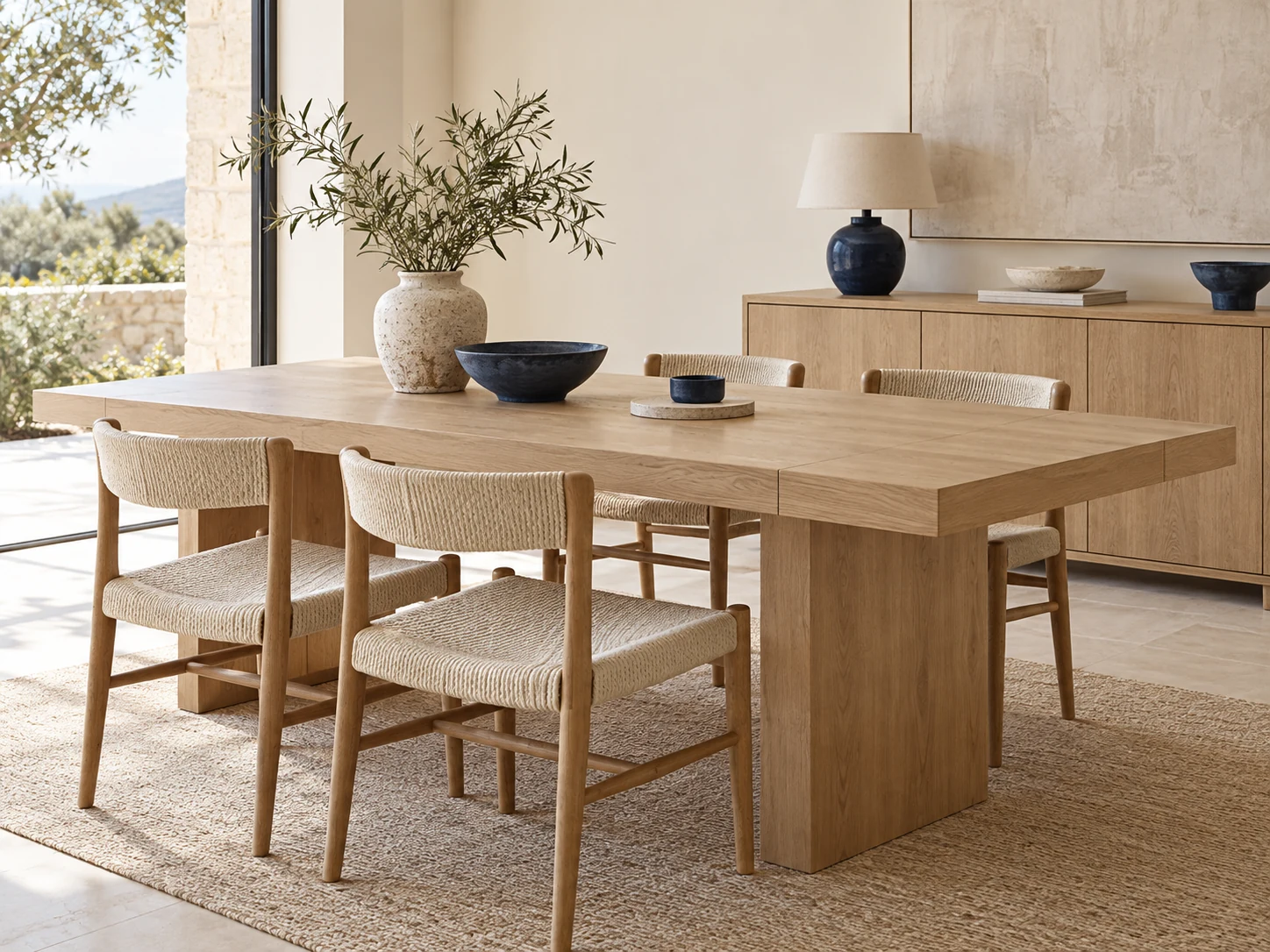 Minimalist concept furniture with pale oak dining table and woven chairs