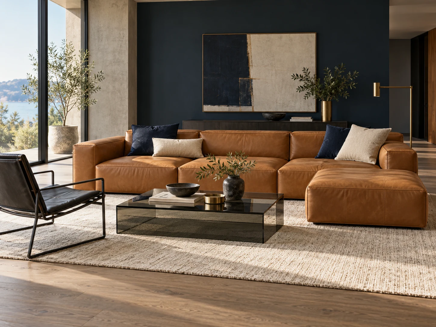 Modern concept furniture with caramel leather sectional sofa and smoked glass table