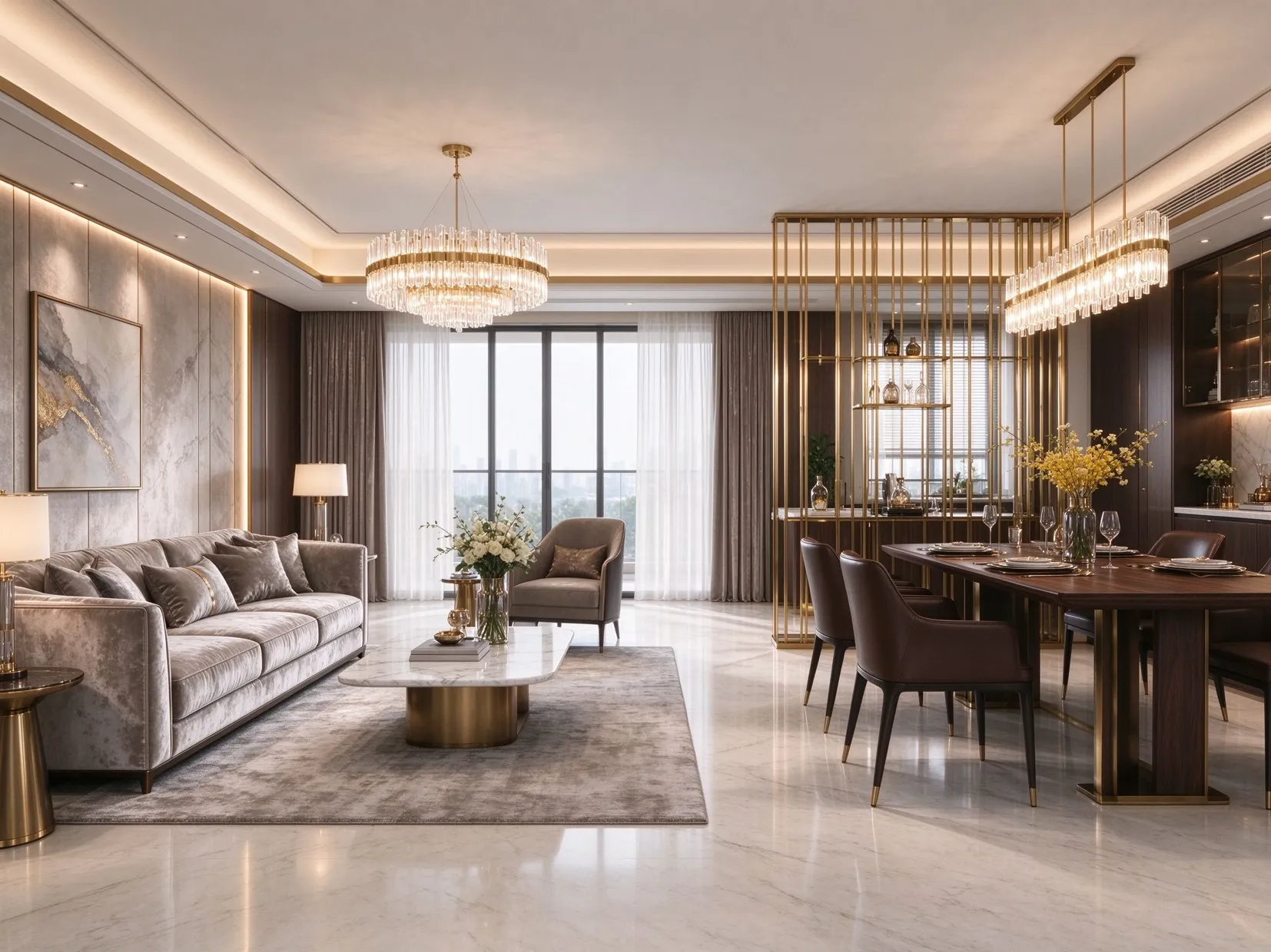 Italian luxe open-plan living and dining styling example